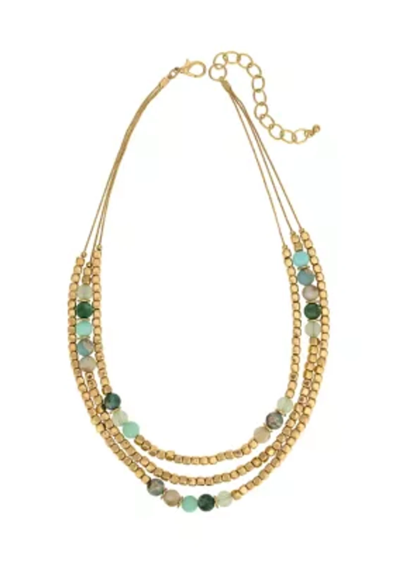 Gold Tone Three Row Nested Multi Green Bead Necklace