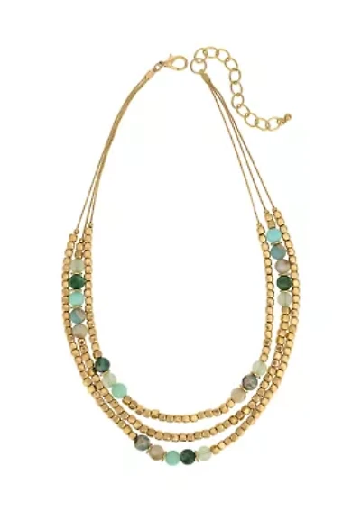 Gold Tone Three Row Nested Multi Green  Bead Necklace 
