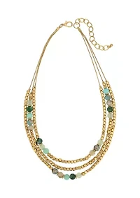 Gold Tone Three Row Nested Multi Green  Bead Necklace 