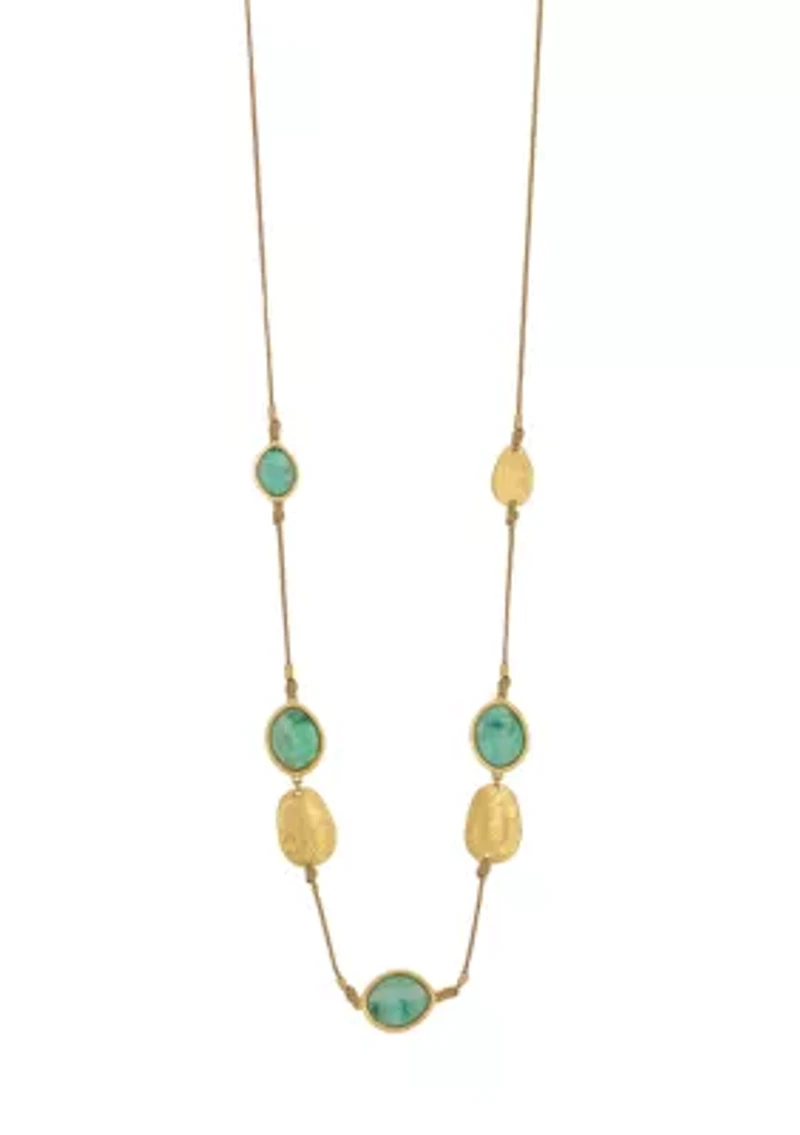 Gold Tone with Disc Stations on Cord Long Necklace