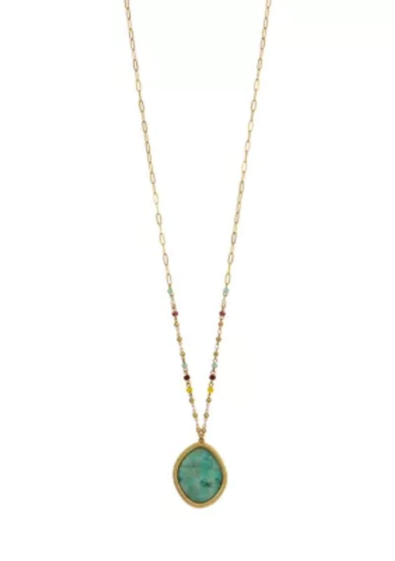 Gold Tone Long Chain Multi Color Beads and Green Multi Pendant Drop Necklace
