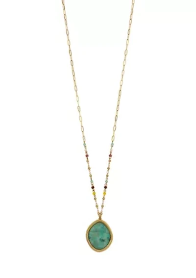 Gold Tone Long Chain Multi Color Beads and Green Multi Pendant Drop Necklace