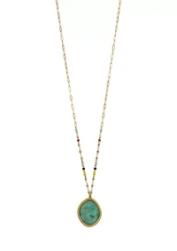 Gold Tone Long Chain Multi Color Beads and Green Multi Pendant Drop Necklace