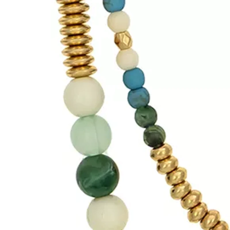 Gold Tone Layered Long 2 Row Green Multi Beaded Necklace