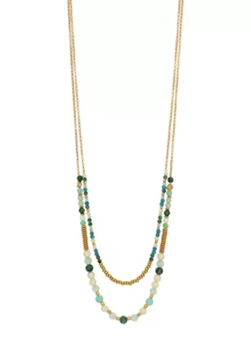 Gold Tone Layered Long 2 Row Green Multi Beaded Necklace