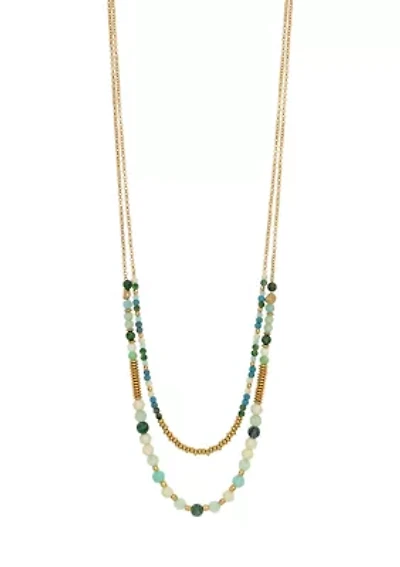 Gold Tone Layered Long 2 Row Green Multi Beaded Necklace