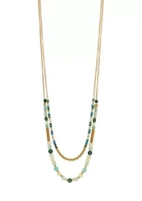 Gold Tone Layered Long 2 Row Green Multi Beaded Necklace