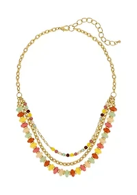 Gold Tone Three Row Multi Colored Bead Chain Frontal Necklace