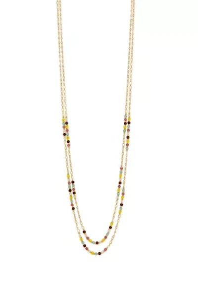 Gold Tone Two Row Long Multi Colored Beaded Stations Necklace