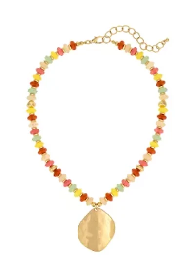 Gold Tone Multicolored Beaded with Metal Disc Pendant Short Necklace