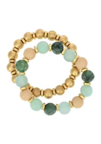 Gold Tone 2 Row Multi Green Beaded Stretch Bracelet Set