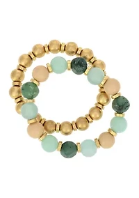 Gold Tone 2 Row Multi Green Beaded Stretch Bracelet Set