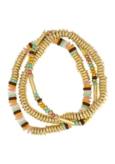 Gold Tone Three Row Multi Colored Bead Stretch Bracelet Set