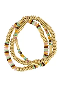 Gold Tone Three Row Multi Colored Bead Stretch Bracelet Set