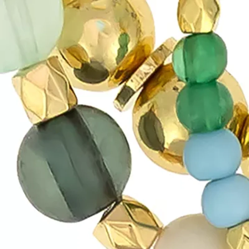 Gold Tone Three Row Green Multi Beaded Stretch Bracelet Set
