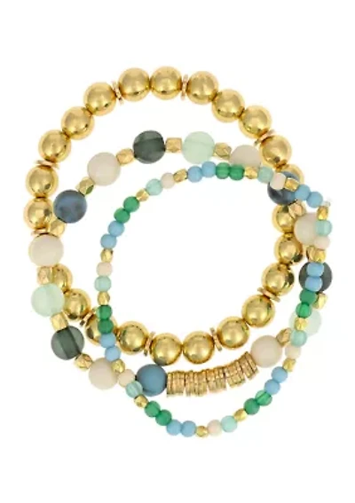 Gold Tone Three Row Green Multi Beaded Stretch Bracelet Set
