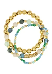 Gold Tone Three Row Green Multi Beaded Stretch Bracelet Set