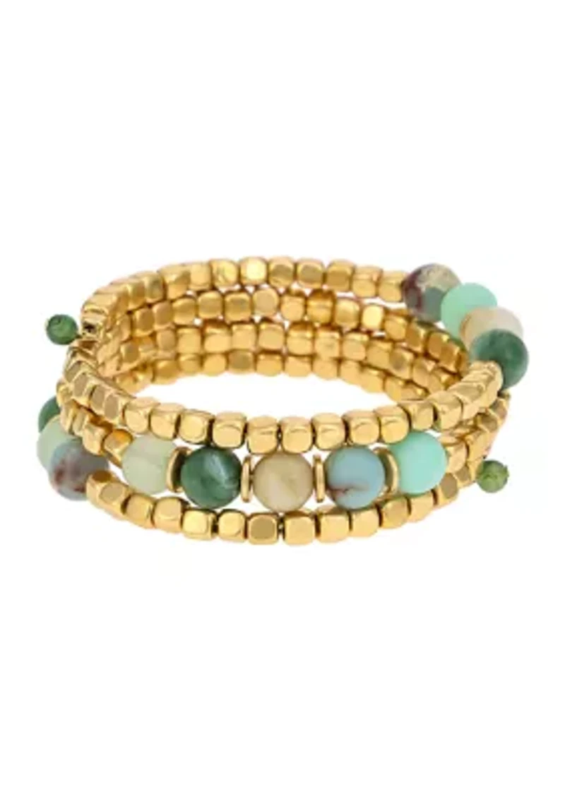 Gold Tone Green Multi Beaded Wrap Coil Bracelet