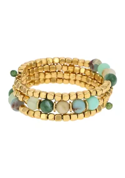Gold Tone Green Multi Beaded Wrap Coil Bracelet