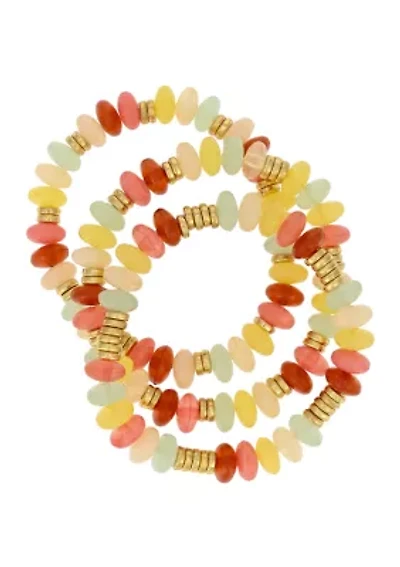 Gold Tone Three Row Multi Colored Beaded Stretch Bracelet Set