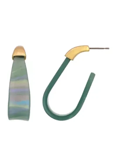 Gold Tone Post Top Green Lucite J Hoop Earrings