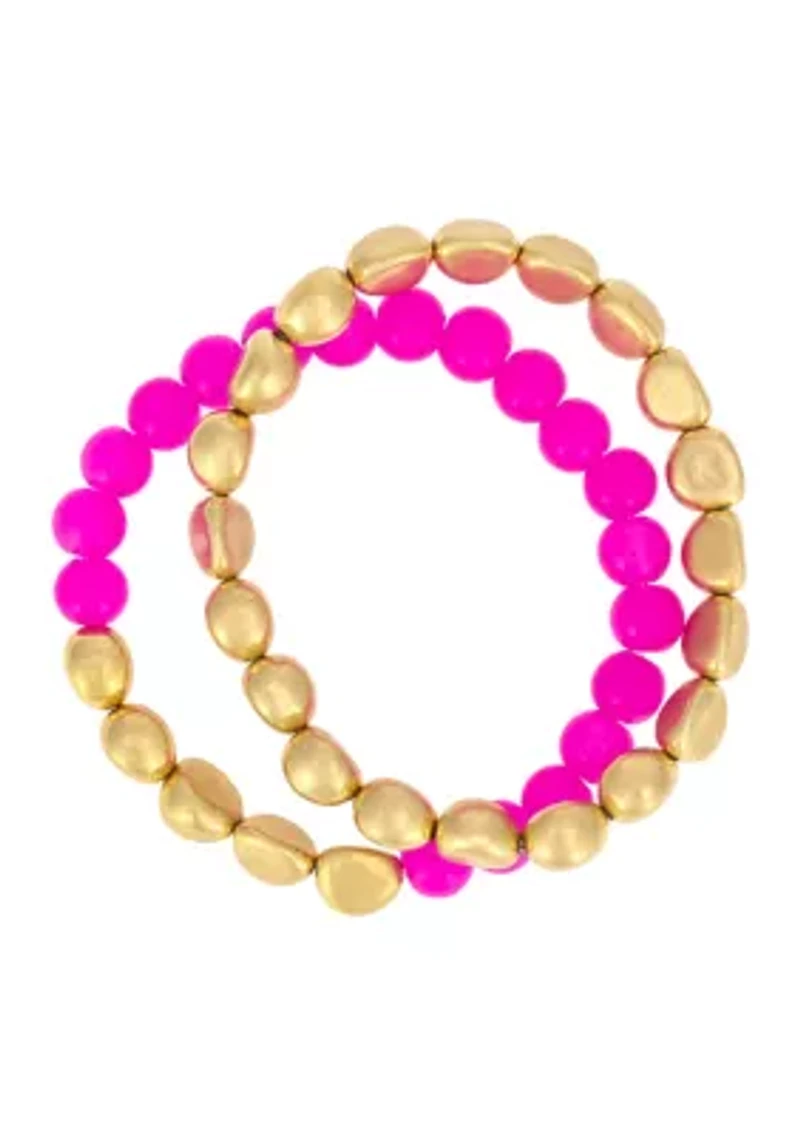 2 Row Metal Beaded Stretch Bracelet Set