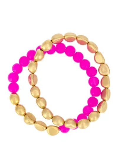 2 Row Metal Beaded Stretch Bracelet Set