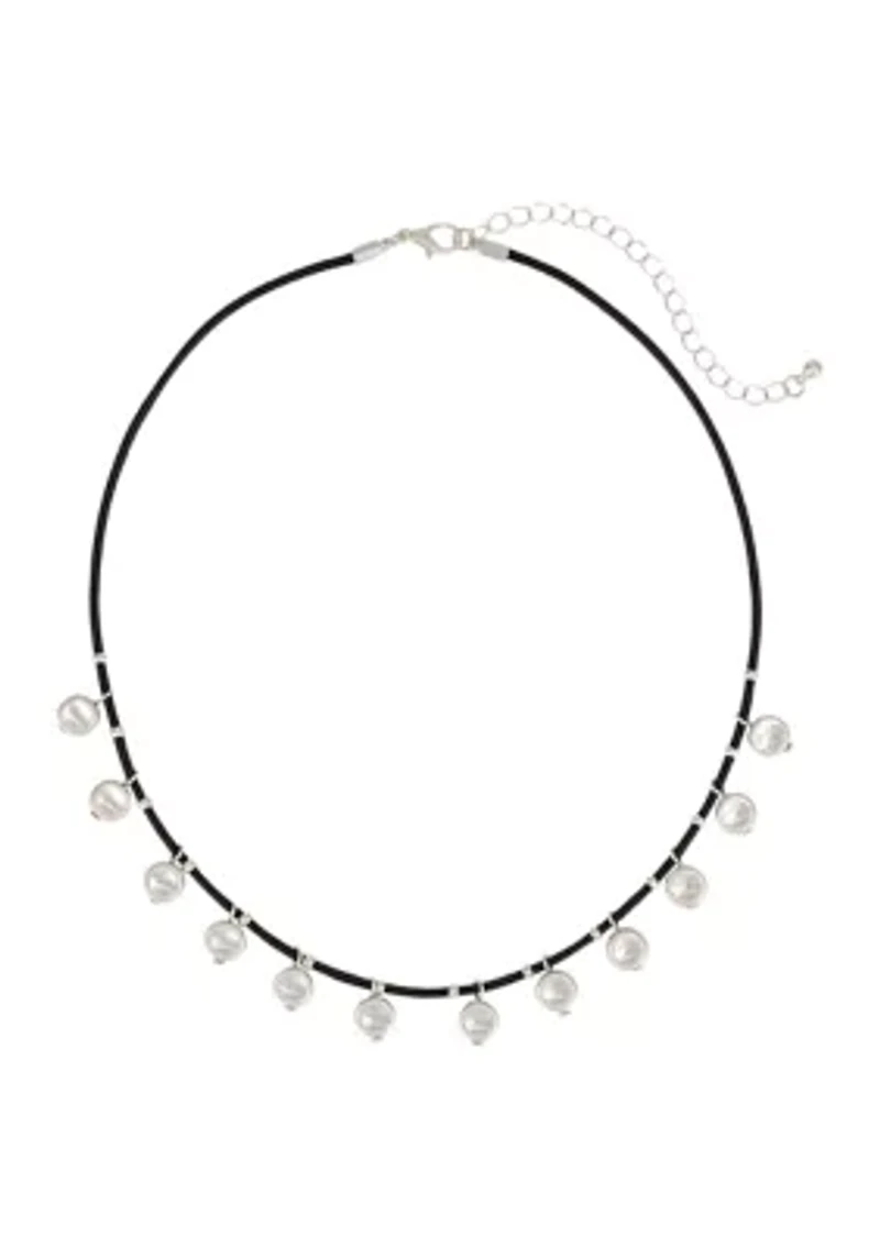 Silver Tone Black Cord with Small Silver tone Disc Drops Necklace