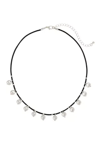 Silver Tone Black Cord with Small Silver tone Disc Drops Necklace