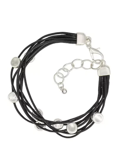 Silver Tone Multi Strand Black Cord with Disc Accents Bracelet