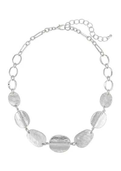 Silver Tone Textured Oval Disc Frontal Necklace