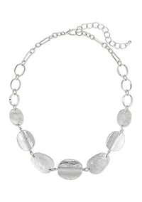 Silver Tone Textured Oval Disc Frontal Necklace