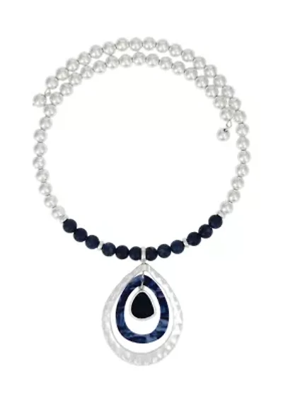 Silver Tone Blue and Silver Beaded Neckwire Teardrop Orbital Pendant Drop Necklace