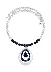 Silver Tone Blue and Silver Beaded Neckwire Teardrop Orbital Pendant Drop Necklace