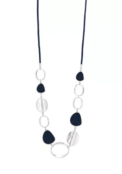 Silver Tone Linked Denim and Textured Metal Disc Necklace