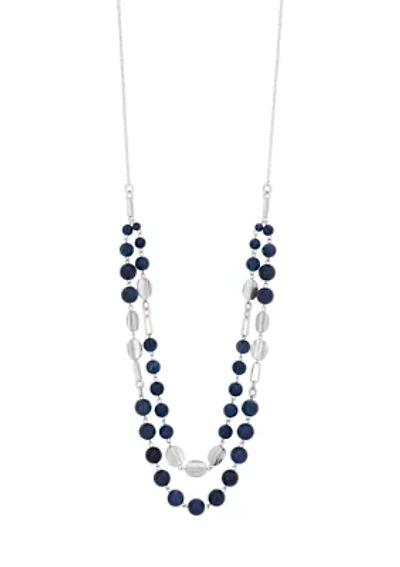 Silver Tone 2 Row Long Blue Beaded Necklace