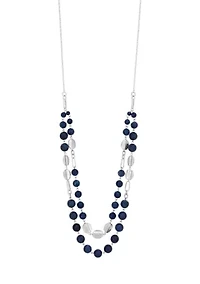 Silver Tone 2 Row Long Blue Beaded Necklace