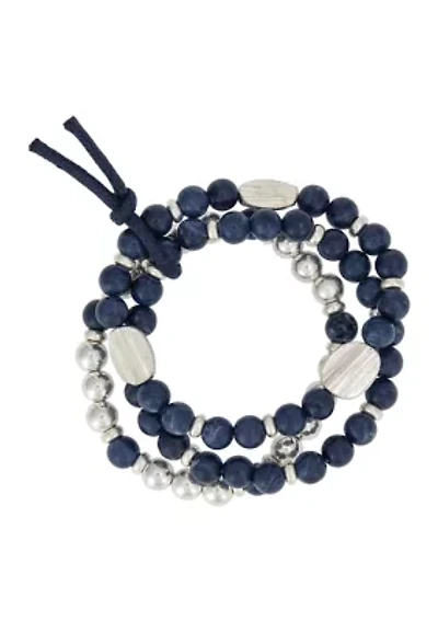 Silver Tone 3 Row Blue Beaded Stretch Bracelet