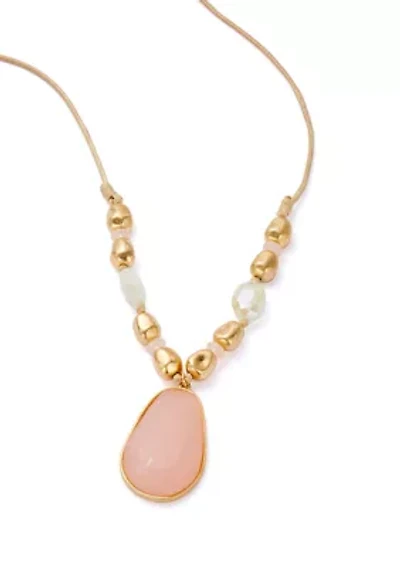 Gold Tone Rose Stone Pendant Necklace