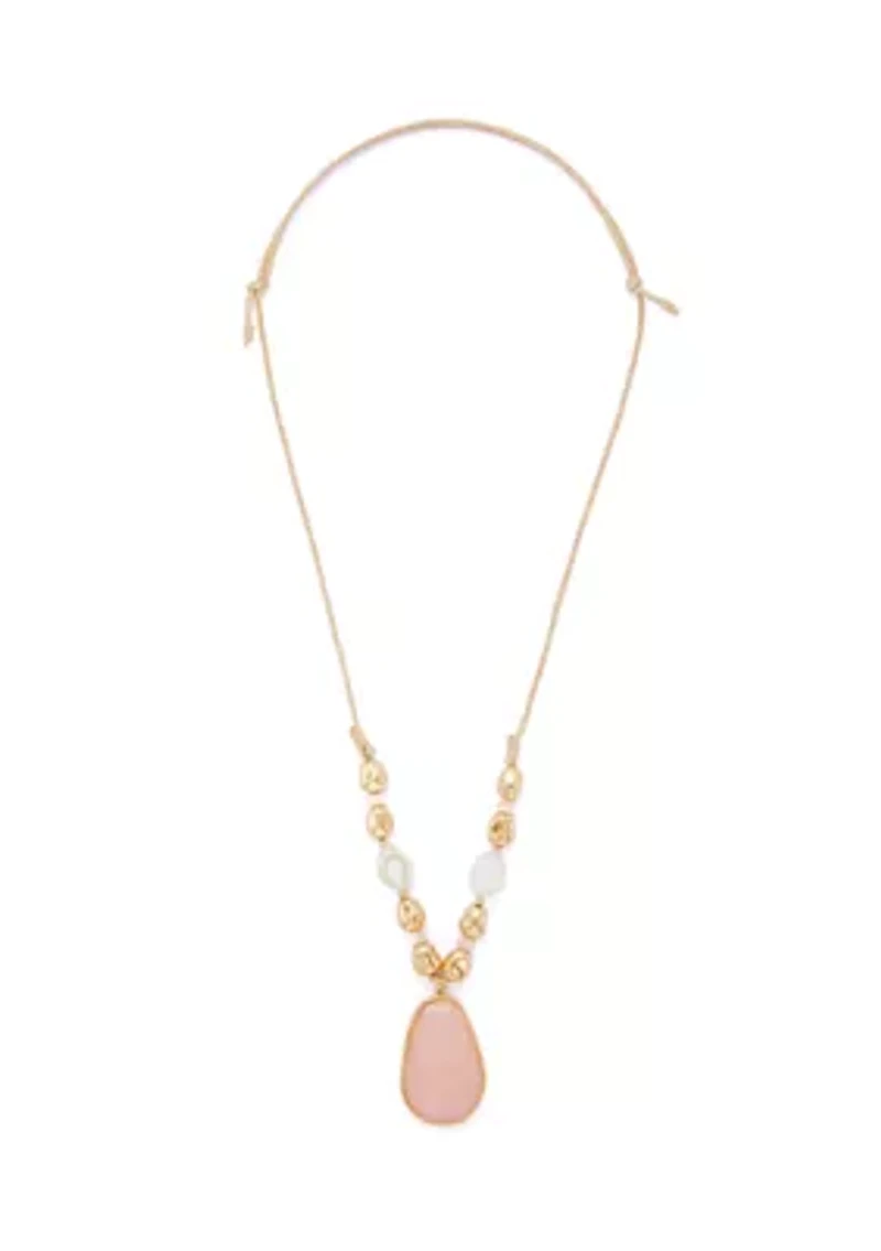 Gold Tone Rose Stone Pendant Necklace