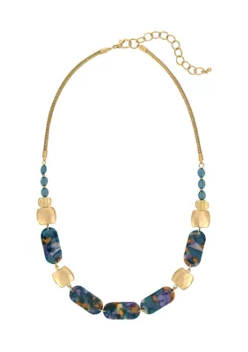 Gold Tone Teal Multi Rectangular Lucite and Metal Disc Frontal Necklace