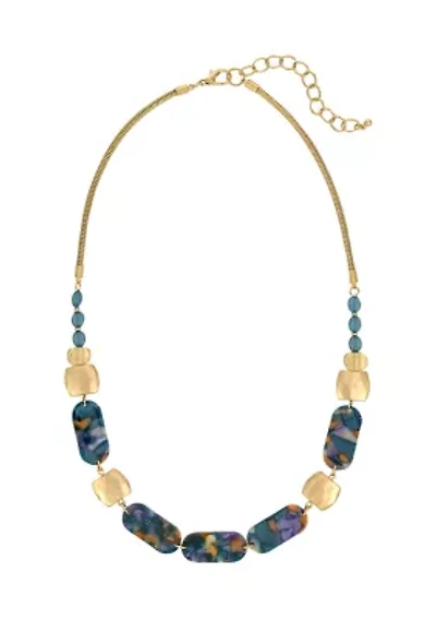 Gold Tone Teal Multi Rectangular Lucite and Metal Disc Frontal Necklace
