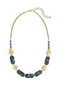 Gold Tone Teal Multi Rectangular Lucite and Metal Disc Frontal Necklace
