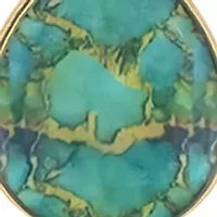 Gold Tone Frontal Bar with Gold and Teal Multi Double Teardrop Pendant Necklace