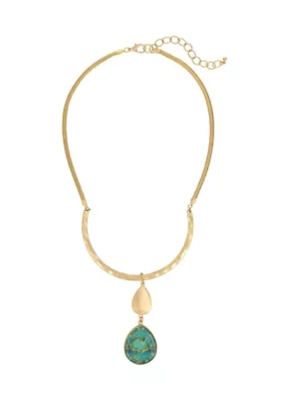 Gold Tone Frontal Bar with Gold and Teal Multi Double Teardrop Pendant Necklace