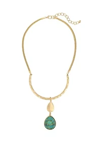 Gold Tone Frontal Bar with Gold and Teal Multi Double Teardrop Pendant Necklace