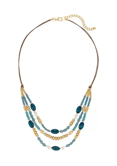 Two Tone 3 Row Teal Multi Beads Frontal with Cord Back Necklace