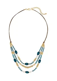 Two Tone 3 Row Teal Multi Beads Frontal with Cord Back Necklace