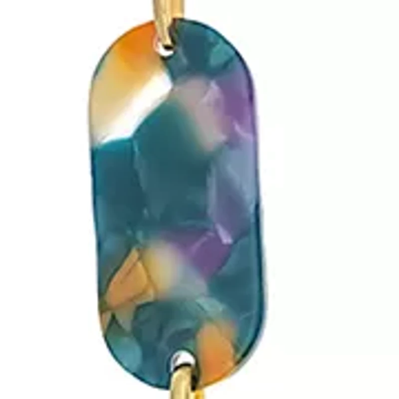 Gold Tone Long Linked with Teal Multi Rectangular Lucite Stations Necklace