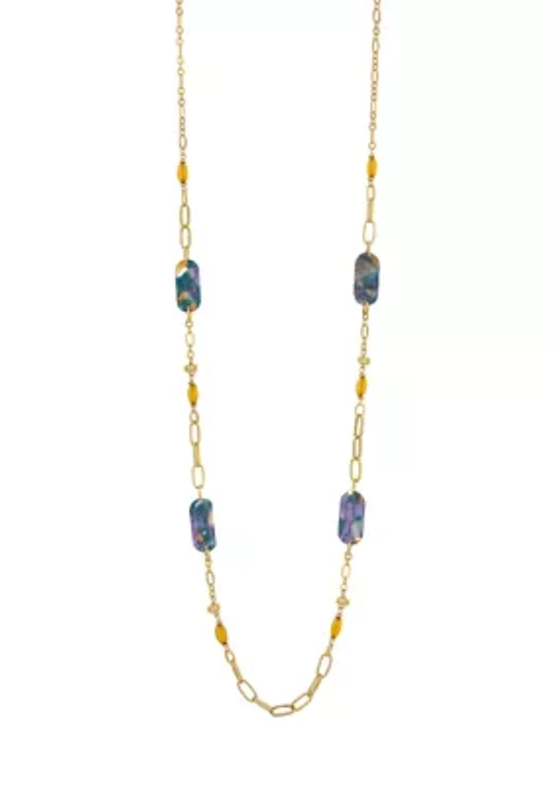 Gold Tone Long Linked with Teal Multi Rectangular Lucite Stations Necklace